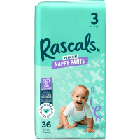 Rascals Premium Nappy Pants Unisex Size 3 6-11kg Crawler 36pk